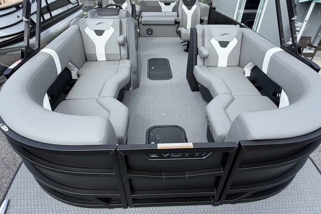 Luxurious 2027 Evotti 523CS pontoon boat with spacious seating and modern design.