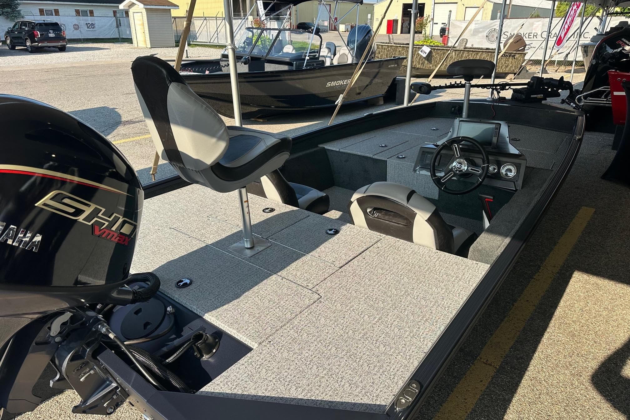 2026 Smoker Craft VIPER 175 boat with Yamaha engine, featuring spacious seating and modern dashboard.