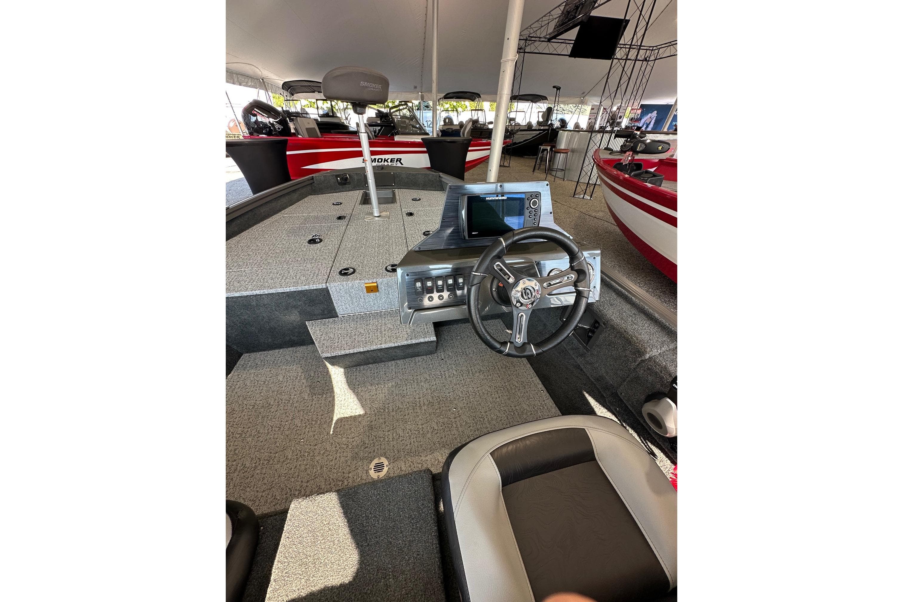 2026 Smoker Craft VIPER 175 boat interior with steering wheel and control panel.