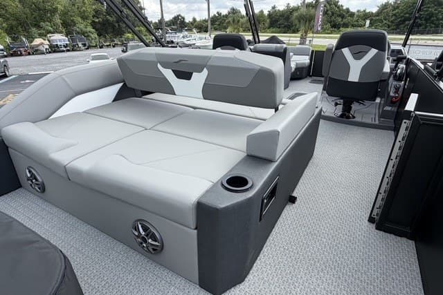 Luxurious 2027 Evotti 523CS boat interior with plush seating and modern design.